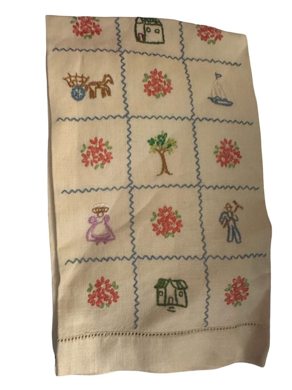 Vintage Embroidered Floral & Scene Cotton Kitchen Towel